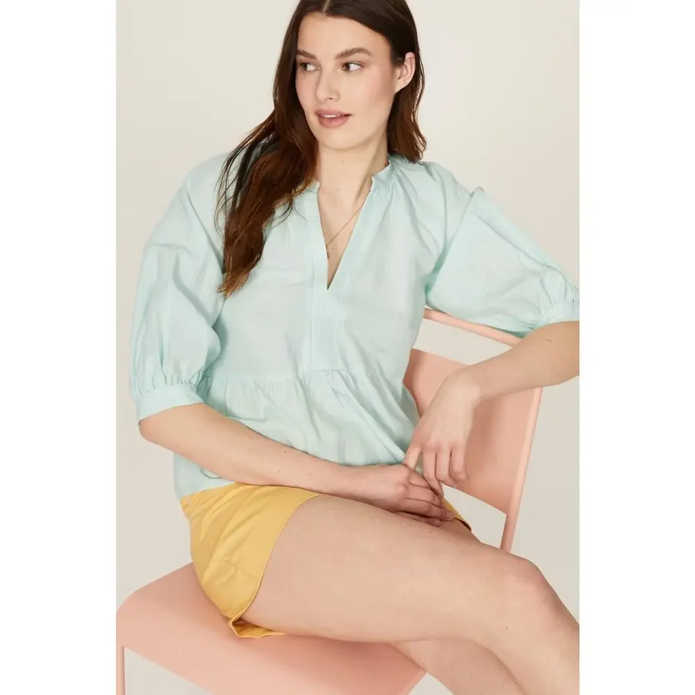 Amanda Uprichard Diego Light Blue Linen Puff Sleeve Split Neck Top Size XS - Picture 3 of 13